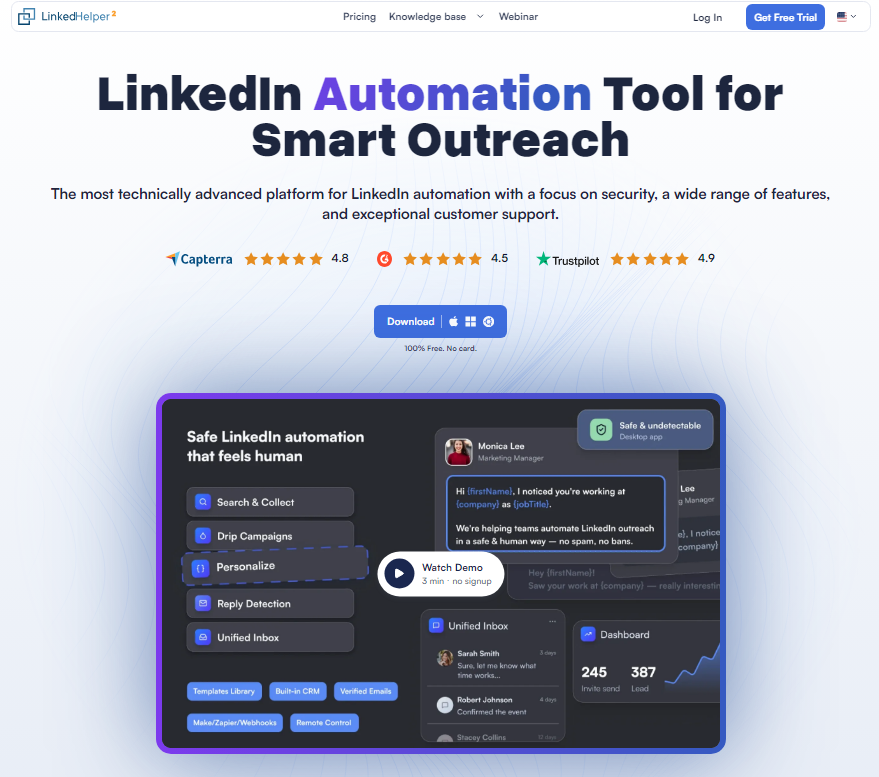 Linked Helper 2 — LinkedIn automation tool interface showing campaign builder, unified inbox, and CRM integration dashboard