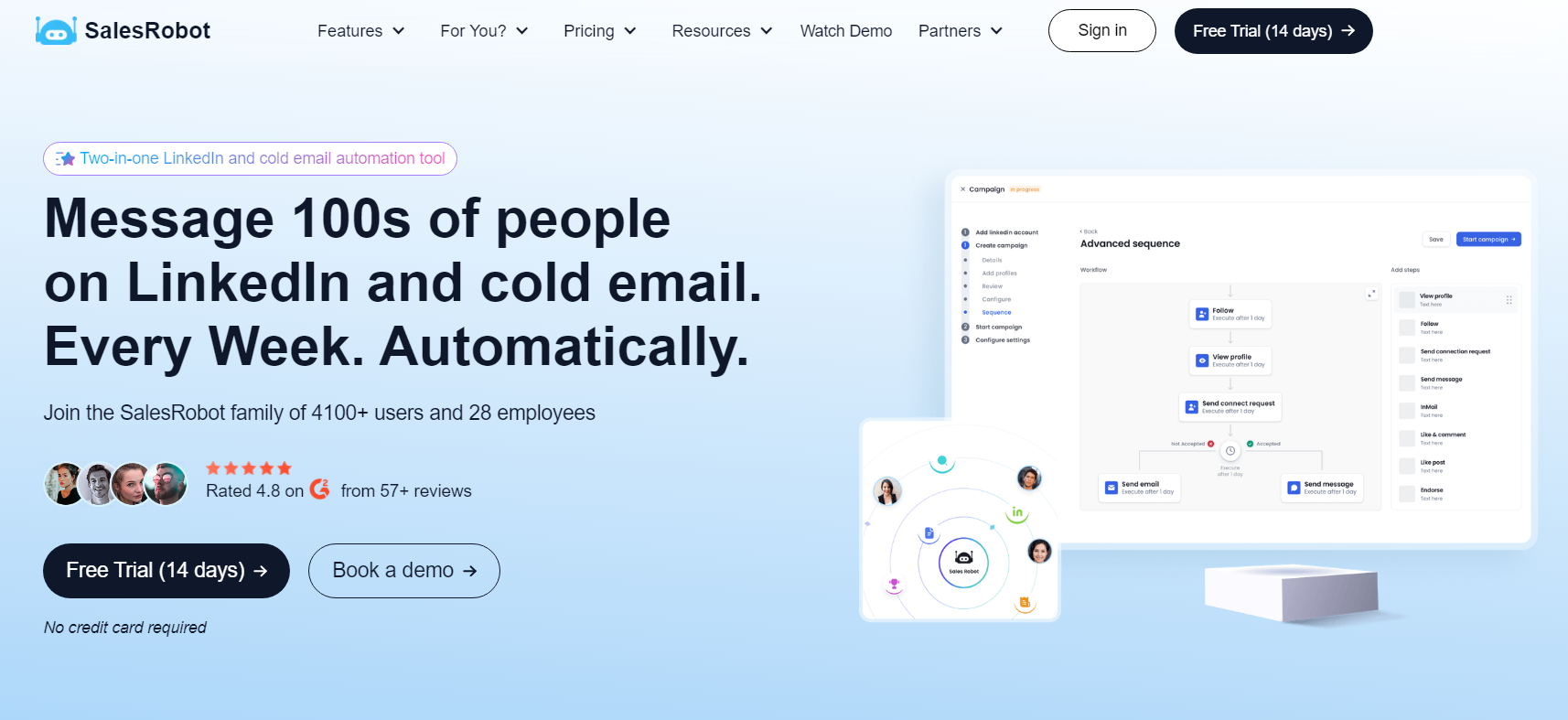 SalesRobot LinkedIn and cold email automation tool — homepage showing advanced sequence builder with workflow steps including Follow, View profile, Send connect request, Send message, Send email