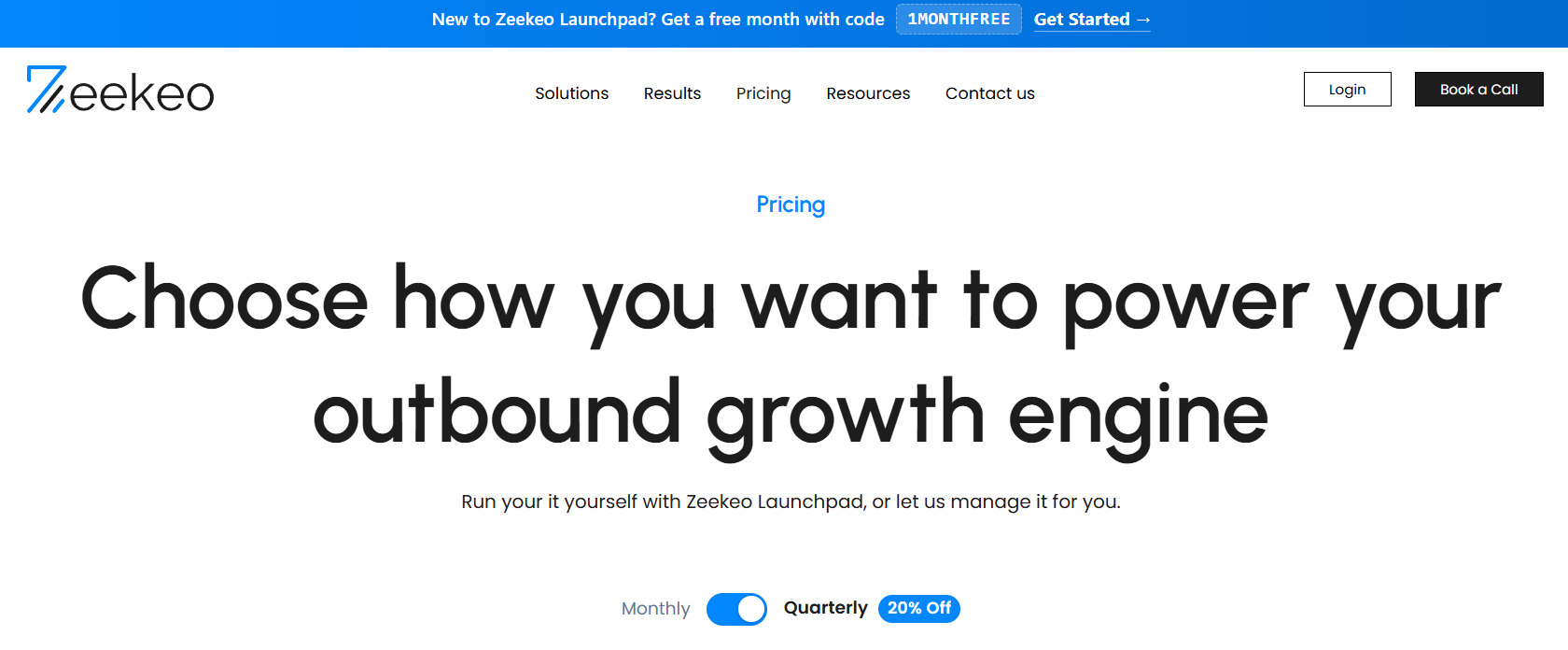 Zeekeo outbound growth platform — pricing page showing Launchpad plans with monthly/quarterly billing toggle and 20% quarterly discount